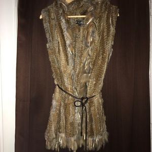 BNWOT rabbit fur vest with leather waist tie